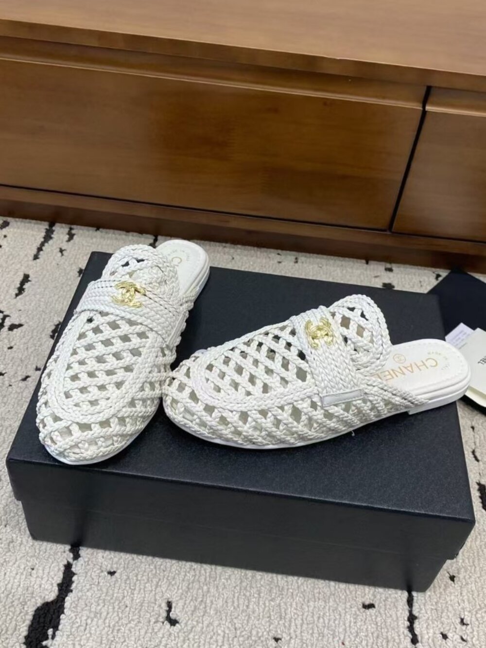 Chanel White Woven Crochet CC Logo Mule Slides
